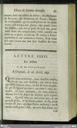 Lettre XXXVI. La même A M. De Coulanges. A Grignan, le 26. Avril, 1695