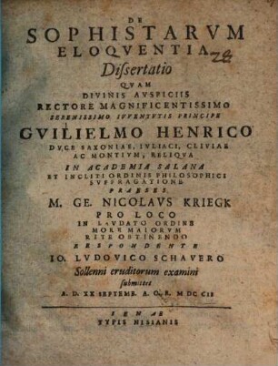 De Sophistarvm Eloqventia Dissertatio