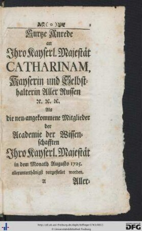 Eine Anrede an die Russische Kayserin Catharinam.