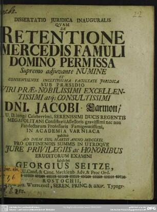 Dissertatio Iuridica Inauguralis Quam De Retentione Mercedis Famuli Domino Permissa