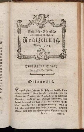 Funfzigstes Stück; den 14ten December. Wien 1775.