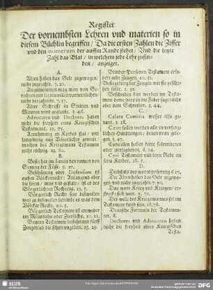 Register Der vornembsten Lehren und materien so in diesem Büchlin begriffen ...