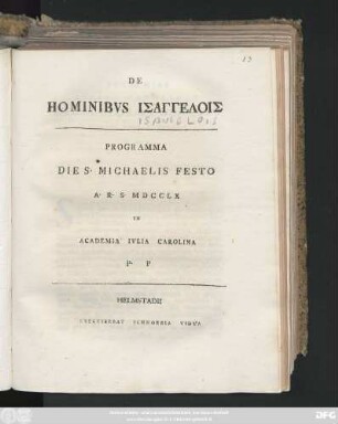 De Hominibvs Isangelois : Programma Die S. Michaelis Festo A. R. S. MDCCLX In Academia Ivlia Carolina P.P
