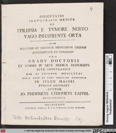 Dissertatio Inavgvralis Medica De Epilepsia E Tvmore Nervo Vago Inhaerente Orta