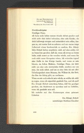An den Kronprinzen (späteren König Friedrich VI. von Dänemark) Wandsbeck, den 19. Oktober 1787