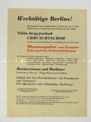 Informationsblatt zum bevorstehenden Besuch von Nikita Chruschtschow in der DDR
