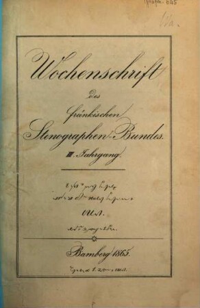 Wochenschrift des Fränkischen Stenographen-Bundes Bamberg. 7. 1865