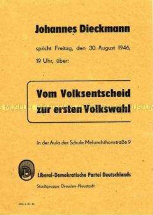 Einladung der LDPD Dresden-Neustadt zu einer Versammlung mit Johannes Dieckmann in Vorbereitung der Gemeindewahlen 1946