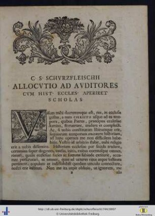 C. S. Schurzfleischii Allocutio Ad Auditores Cum Hist. Eccles. Aperiret Scholas.