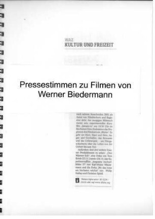 Mappe mit Pressestimmen zu Filmen von Werner Biedermann