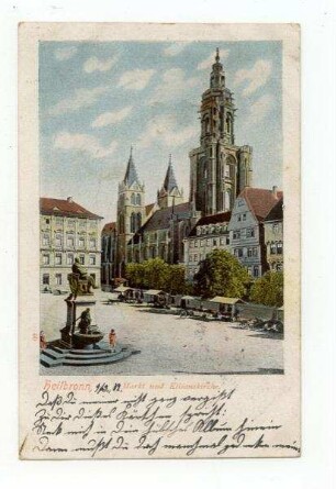 "Markt und Kilianskirche" - Außenansicht der Kilianskirche von Nordwesten, mit Robert-Mayer-Denkmal und den Häusern Kaiserstraße 32 (Sicherersche Apotheke) und Kaiserstraße 34