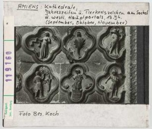 Amiens, Kathedrale: Jahreszeiten und Tierkreiszeichen am Sockel des westl. Hauptportals. 13. Jhd.