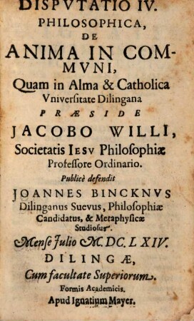 Dispvtatio IV. Philosophica, De Anima In Commvni