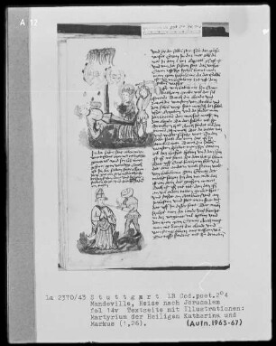 Jean de Mandeville, Reise nach Jerusalem — Textseite mit zwei Illustrationen, Folio 14verso