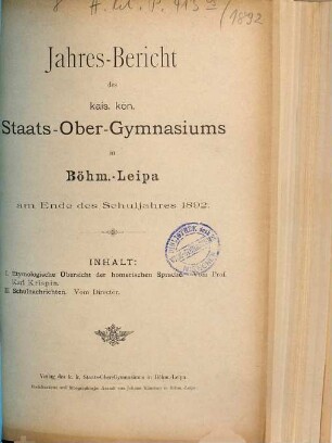 Jahresbericht des Kais.-Königl. Staats-Obergymnasiums in Böhm.-Leipa : am Ende d. Schuljahres ..., 1892