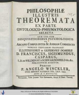 Philosophiæ Illustris Theoremata Ex Parte Ontologico-Pneumatologica Selecta