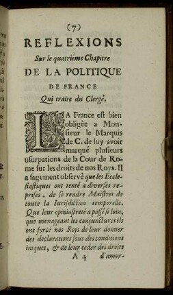Reflexions Sur le quartrieme Chapitre De La Politique De France Qui traite de Clerge.