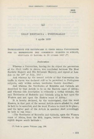 LI Gran Bretagna - Portogallo 3 aprile 1819