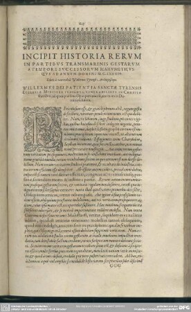 Incipit Historia Rerum In Partibus Transmarinis Gestarum A Tempore Successorum Mahumeth, Usque Ad Annum Domini M. C. LXXXIV.