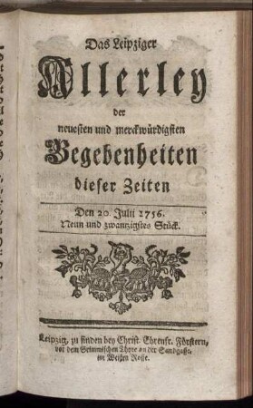 Den 20. Julii 1756. Neun und zwantzigstes Stück.