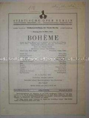 Programmblatt der Städtischen Oper Berlin zu einer "Volksvorstellung" von Puccinis "Bohème"