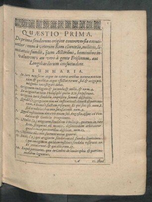 Quaestio Prima. De prima feudorum origine controversiae excutiuntur: num a veterum Rom clientelis ...