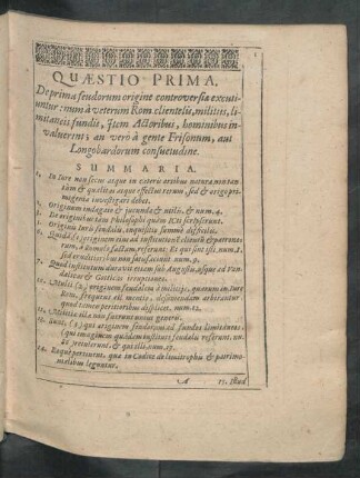 Quaestio Prima. De prima feudorum origine controversiae excutiuntur: num a veterum Rom clientelis ...