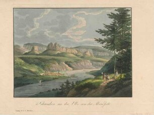 Das Elbtal in der Sächsischen Schweiz mit Schandau vor den Schrammsteinen und dem Falkenstein vom linken Elbufer nach Osten