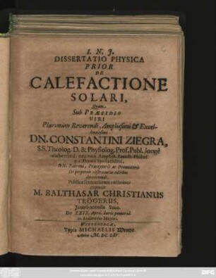 Dissertatio Physica Prior De Calefactione Solari