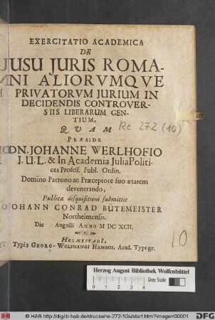 Exercitatio Academica De Usu Iuris Romani Aliorumque Privatorum Iurium In Decidendis Controversiis Liberarum Gentium