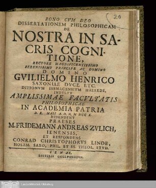 Dissertationem Philosophicam De Nostra In Sacris Cognitione