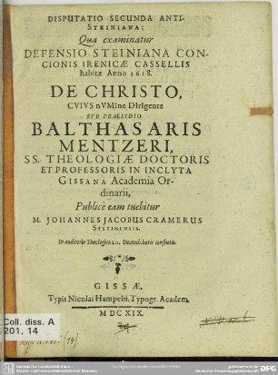 2: Disputationes novem anti-Steinianae : quibus examinatur defensio concionis Irenicae a Paulo Steinio ...