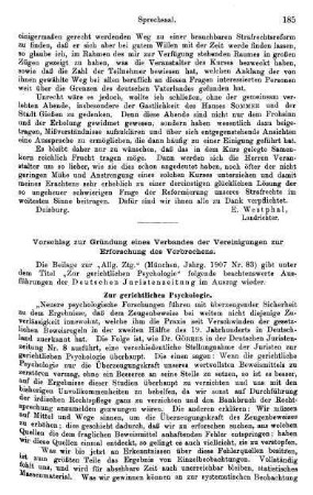 185-187, Vorschlag zur Gründung eines Verbandes der Vereinigung zur Erforschung des Verbrechens