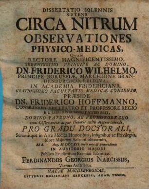 Dissertatio sistens circa nitrum observationes physico-medicae