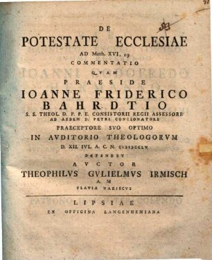 De Potestate Ecclesiae : Ad Matth. XVI, 19 Commentatio