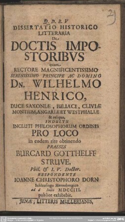 Dissertatio Historico-Litteraria De Doctis Impostoribus