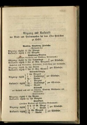 Abgang und Ankunft der Brief- und Personenposten bei dem Pber-Post-Amt zu Cassel