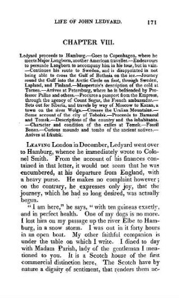CHAPTER VIII. - Ledyard proceeds to Hamburg. - Goes to Copenhagen, where he meets Major Langborn, another American traveller. - Endeavours to persuade Langborn to accompany him in his tour, but in vain. - Con