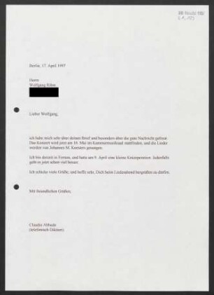 Brief an Wolfgang Rihm, 17.04.1997