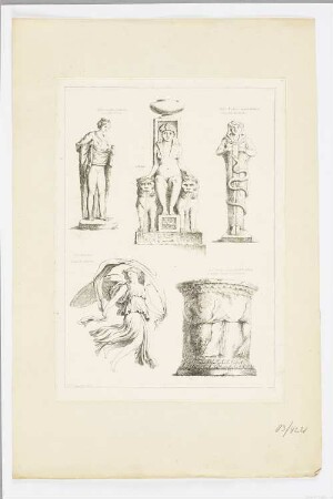 Weibliche Skulptur, thronende ägyptische Figur, ägyptische Figur mit Schlange, Weibliche Figur mit Flügeln und Schleier, Sockel mit Relief, Blatt 7 der Folge "Recueil de Griffonis"