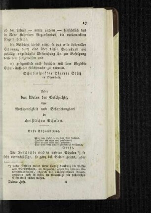 Ueber das Wesen der Geschichte, ihre Nothwendigkeit und Behandlungsart in christlichen Schulen : erste Abhandlung