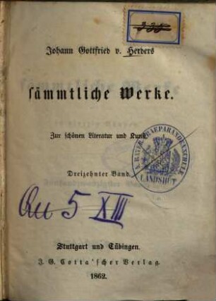 Johann Gottfried v. Herders sämmtliche Werke : in vierzig Bänden, 25. Zur schönen Literatur und Kunst ; 13