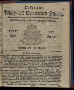 33tes Stueck, Montag den 13ten August. 1792