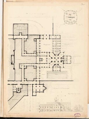 Fürstliches Schloss auf dem Brauhausberg, Potsdam Schinkelwettbewerb 1862: Wirtschaftsgebäude: Grundriss Erdgeschoss, Aufriss Nordansicht; Maßstabsleiste