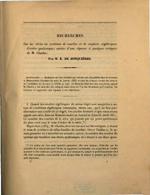 Recherches sur les séries ou systèmes de courbes et de surfaces algébriques d'ordre quelconque; suivies d'une réponse à quelques critiques de M. Chasles