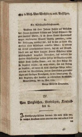 IV. Von Vergleichen, Verträgen, Kontrakten [et]c.