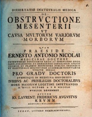 Diss. inaug. med. de obstructione mesenterii ut causa multorum variorum morborum