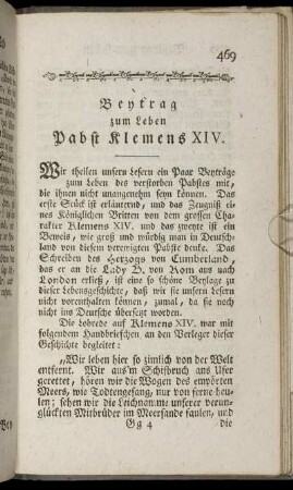 Beytrag zum Leben Pabst Klemens XIV.