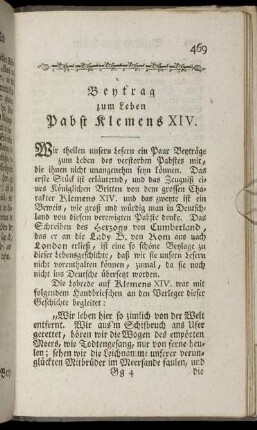 Beytrag zum Leben Pabst Klemens XIV.