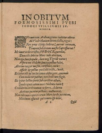 In Obitum Formosissimi Pueri Iodoci Willichii Iunioris.